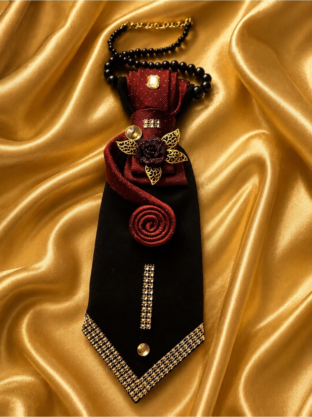 Elegant Black and Burgundy Decorative Women’s Necktie- Designer Style